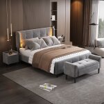 Ensemble de chambre complet, lit rembourr double 140 x 200 cm avec bandes lumineuses + 1 x table de ...