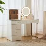 Coiffeuse avec miroir clair par led, plateau de table en verre tremp transparent, avec armoire, (sans ...