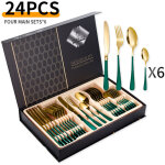 Ensemble de couverts 24 pi�ces en acier inoxydable ? pour 6 personnes ? acier inoxydable ? vert / or