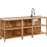 Ensemble de cuisine ext�rieur 3 pi�ces �tag�res avec �vier et robinet acier inox noir bois d'acacia marron ...