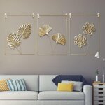 Ensemble de dcorations murales dores 3 pices, moderne minimaliste ligne abstraite art feuille de ginkgo ...