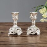 Ensemble de deux chandeliers courts en m�tal argent�, d�coration de table de mariage vintage, base de ...