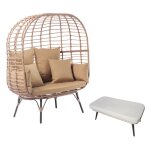 Ensemble fauteuil sur pied effet rotin et repose - pieds avec coussin beige jane