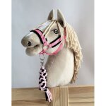 Ensemble hobby horse : licol a3 avec fourrure noire + laisse en corde - noir et rose