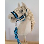 Ensemble hobby horse : licol a3 avec fourrure noire + longe en corde - noir et turquoise