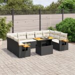 Ensemble de jardin 10 places en r�sine tress�e noire avec coussins cr�me, table extensible et accoudoirs ...
