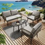 Ensemble de jardin 4 places, canap� droit, 2 fauteuils, tables basses fixes avec coussins, rotin, m�tal ...