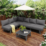 Ensemble de jardin 5 places, 2 canap�s 3 places + 1 table basse fixe avec coussins, m�tal, gris fonc� ...