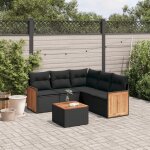 Ensemble de jardin 6 places en r�sine tress�e noire avec coussins et table acacia - salon ext�rieur modulaire ...