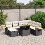 Ensemble jardin 8 places r�sine tress�e noir avec coussins cr�me - table extensible acacia et rangements ...