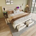 Ensemble lit double 180x200 velours beige, tête de lit équipée usb, 2 tables de chevet et 4 tiroirs. ... Ensemble lit double 180x200 velours beige, tête de lit équipée usb, 2 tables de chevet et 4 tiroirs. ...