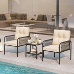 Ensemble de meubles 3 pi�ces de patio en rotin pe salon de jardin 2 fauteuils table basse en verre tremp� ...
