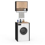 Idmarket ? ensemble meuble buanderie noir et h�tre ? dimensions 65x60x155 cm ? �tag�re ajustable et barre ...