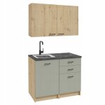 Ensemble de meubles de cuisine 100x60 cm ? ch�ne artisan / vert ? plan de travail b�ton noir ? 2 armoires ...