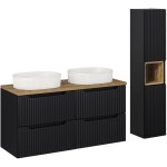 Ensemble meuble double vasque 120cm 4 tiroirs et colonne riva noir et bois