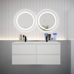 Ensemble meuble double vasque l. 120cm 4 tiroirs + lavabo + 2 led miroirs rond 60cm, blanc, aica sanitaire ...