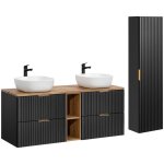 Ensemble meuble double vasque 140cm 2 niches et colonne adriel noir et bois