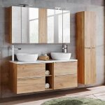 Ensemble meuble double vasque 140cm 2 niches et colonne april bois et blanc Ensemble meuble double vasque 140cm 2 niches et colonne april bois et blanc