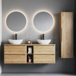 Ensemble meuble double vasque 140cm 2 niches et colonne viggo bois