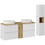 Ensemble meuble double vasque 140cm 4 tiroirs et colonne riva blanc et bois