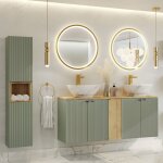 Ensemble meuble double vasque 140cm 5 portes et colonne jade vert et bois