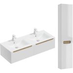 Ensemble meuble double vasque encastre 120cm 2 tiroirs et colonne livia blanc et bois