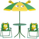 Ensemble de meubles de jardin pour enfants, chaises, table, parasol, design abeille, vert et jaune