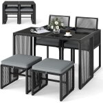 Ensemble de meubles de patio 5 pi�ces, salon de jardin en osier pe avec 2 chaises 2 poufs et 1 table ...