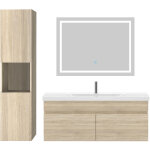 Ensemble meuble de salle de bain 100cm, vasque c�ramique + colonne + led miroir, ch�ne