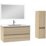 Biubiubath - ensemble meuble de salle de bain 100cm, vasque céramique + colonne + miroir lumineux, chêne ... Biubiubath - ensemble meuble de salle de bain 100cm, vasque céramique + colonne + miroir lumineux, chêne ...