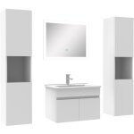 Ensemble meuble de salle de bain 60cm simple vasque + colonne de rangement + miroir lumineux blanc Ensemble meuble de salle de bain 60cm simple vasque + colonne de rangement + miroir lumineux blanc