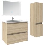 Ensemble meuble de salle de bain 60cm, vasque c�ramique + colonne + miroir lumineux, ch�ne