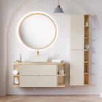 Ensemble meuble simple vasque 120cm niches arrondies colonne et miroir led azel cachemire et bois