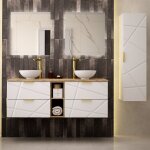 Ensemble meuble double vasque 140cm 2 niches et colonne aurora blanc et bois