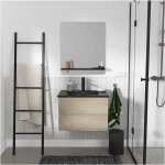 Ensemble meuble simple vasque 60cm décor chêne + vasque noire + robinet + miroir Ensemble meuble simple vasque 60cm décor chêne + vasque noire + robinet + miroir