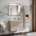 Ensemble meuble simple vasque encastre 80cm 2 tiroirs miroir led et colonne manoa cachemire et bois