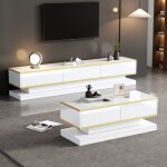 Ensemble meuble tv � 3 tiroirs et table basse blanc brillant � 2 tiroirs