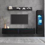 Ensemble meuble tv mural 3 pi�ces 180 cm avec vitrine et �tag�re, led rgb, noir, panneaux de particules ...