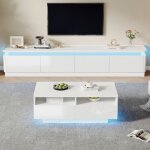 Ensemble meuble tv et table basse moderne, minimaliste, blanc brillant : avec clairage led et 4 tiroirs, ...
