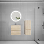 Ensemble meuble vasque l. 50cm 2 tiroirs + lavabo + led miroir rond 60cm + colonne, ch�ne, aica
