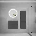 Ensemble meuble vasque l. 60cm 2 tiroirs + lavabo + led miroir rond 60cm + colonne b, anthracite aica ...