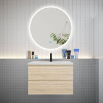 Ensemble meuble vasque l. 79cm 2 tiroirs + lavabo + led miroir rond 90cm, ch�ne?easy