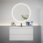 Ensemble meuble vasque l. 99cm 2 tiroirs + lavabo + led miroir rond 90cm, blanc, easy