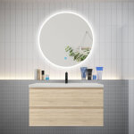 Ensemble meuble vasque l. 99cm 2 tiroirs + lavabo + led miroir rond 90cm, ch�ne?easy