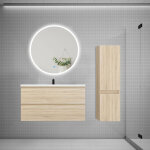 Ensemble meuble vasque l. 99cm 2 tiroirs + lavabo + led miroir rond 90cm + colonne c, ch�ne