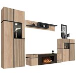 Ensemble de salon criss avec chemine bio - thanol ? chne clair et noir ? meuble tv, vitrine, vitrine ...