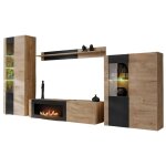 Ensemble de salon doum ? chne clair et noir ? avec chemine bio - thanol ? l320 x h192 x p45 cm