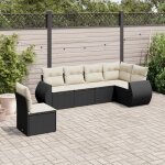 Ensemble salon jardin 6 places noir r�sine tress�e avec coussins cr�me - canap� d'angle, central et accoudoirs ...