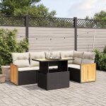 Ensemble salon jardin 6 places noir r�sine tress�e avec coussins cr�me - table r�glable et modulaire