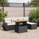 Ensemble salon jardin 6 places noir r�sine tress�e avec table modulable et coussins cr�me - meuble ext�rieur ...